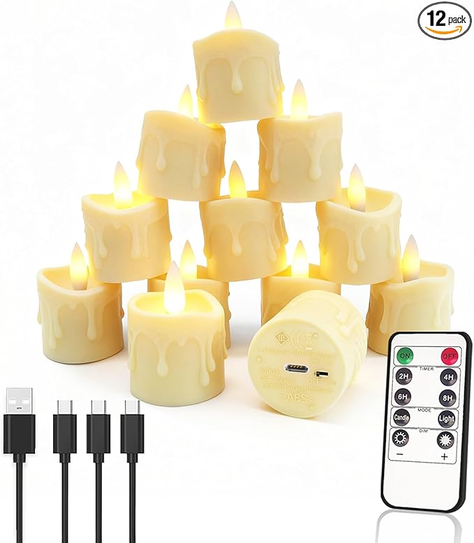 Rechargeable Flameless LED Candles with Timer Remote - 1.5'' x 2'' Flickering Tea Lights Candles for Valentines, Wedding, Party and Holiday Decor,Set of 12(Charging Cable Included)