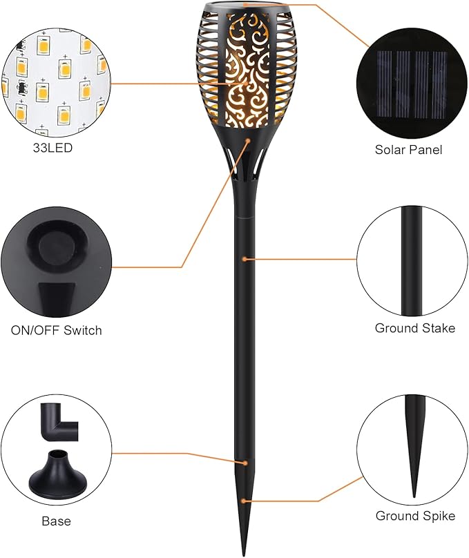 Upgraded Solar Flame Lights Outdoor, 3 Options Solar Torch, Waterproof Landscape Decoration Dancing Flame Post for Garden Pathway Yard - Auto On/Off Dusk to Dawn, 8 Pack