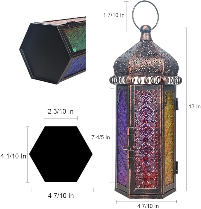 DECORKEY Ramadan Decorations, Vintage Candle Lantern Decorative Indoor&Outdoor, 14.7'' Moroccan Hanging&Tabletop Lantern with 6 Colors Glass, Metal Decor for Home Front Porch Patio Decor
