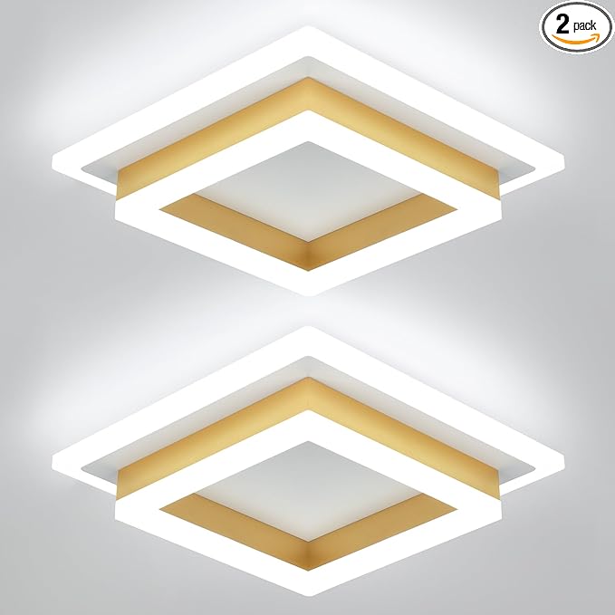 Modern LED Ceiling Lights, Gold Small Hallway Ceiling Light, 32W Cool White 6000K Acrylic LED Ceiling Light Fixtures, Close to Ceiling Lights for Bedroom Kitchen Bathroom(2 Pack)