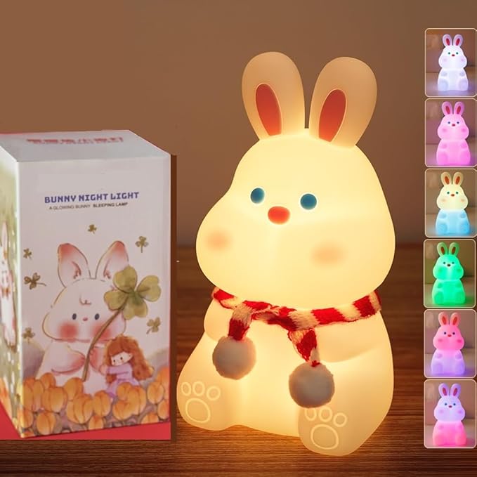 Rabbit Night Light for Adults Kids,LED Dimmable Animal Silicone Bunny Lamp Nightlight,Rechargeable BedsideTable Lamp withTouch Sensor 7 Colors,Gifts Decor for Kids Aduts,Bedrooms,Living Room