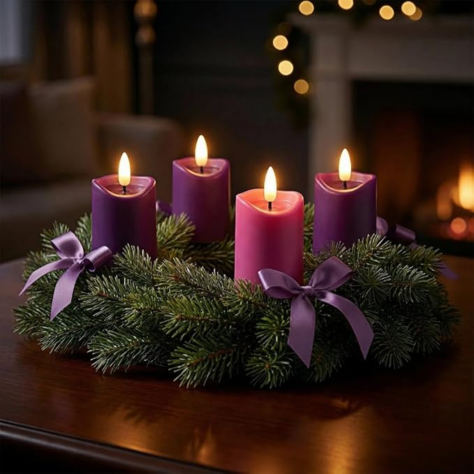 Simplelight Advent Candles, Purple & Pink Flameless Votive Candles with Timer, Advent Wreath with Flameless Candles, Realistic Black Wick, Set of 6-Battery Included (Purple Pink)