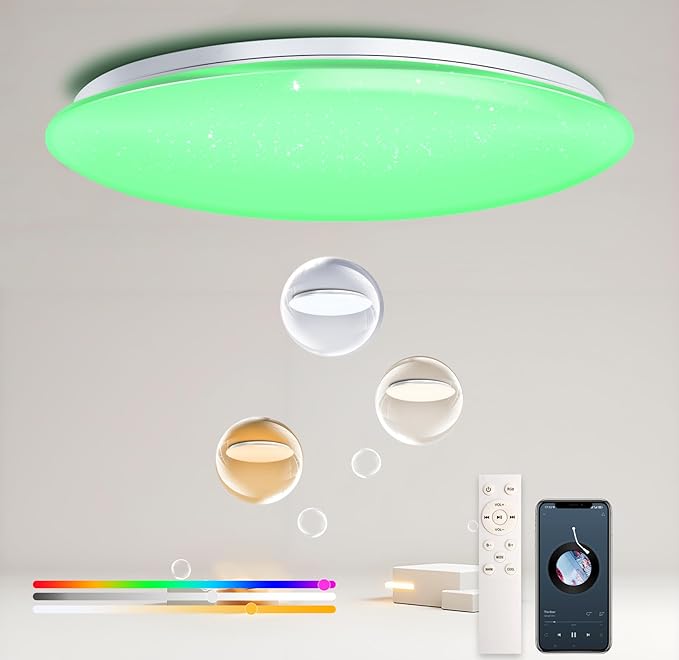 Dimmable Round LED Ceiling Light Flush Mount 20 Inch 60W Built-in Bluetooth Speaker Modern Lighting Fixtures RGB Ambient Ceiling Lamp Suitable for Bedrooms Kitchen Kids' Rooms and More