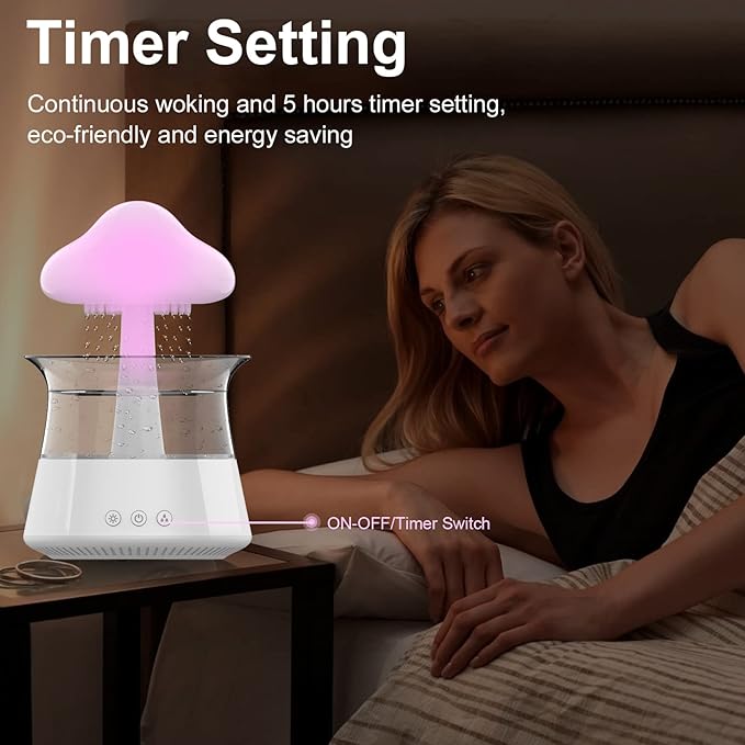 cjc Cloud Rain Humidifier for bedroom with Soothing Rain Sounds Sleep Aid, Waterfall Night Light, Mushroom Design Air Moisturizer，Room Decor Aesthetic for living room (White)