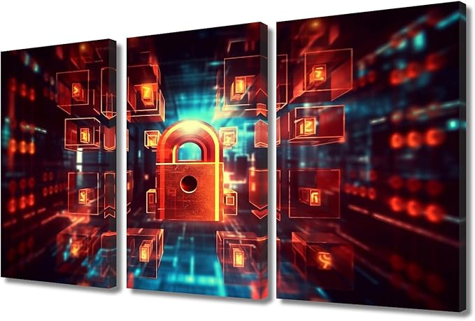 TUMOVO 3 Panels Modern Wall Art Digital Image of Padlock Cyber Security Background Canvas Prints Art for Living Room Bedroom Decorations, Wooden Framed Ready to Hang, 36" Wx24 H