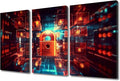 TUMOVO 3 Panels Modern Wall Art Digital Image of Padlock Cyber Security Background Canvas Prints Art for Living Room Bedroom Decorations, Wooden Framed Ready to Hang, 36" Wx24 H