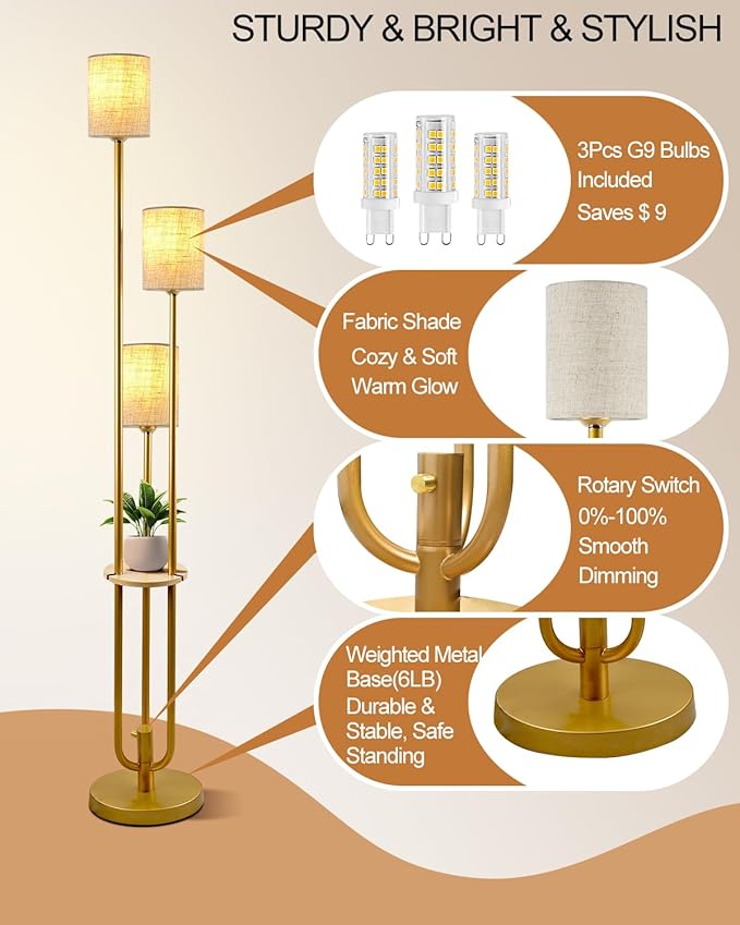 Lightdot Dimmable Floor Lamp for Living Room 3-Light Modern Floor Lamps with Table&Linen Beige Shade 3000K Warmwhite Gold Standing Lamp for Bedroom/Sofa Beside/Corner Decor (Bulbs Included)