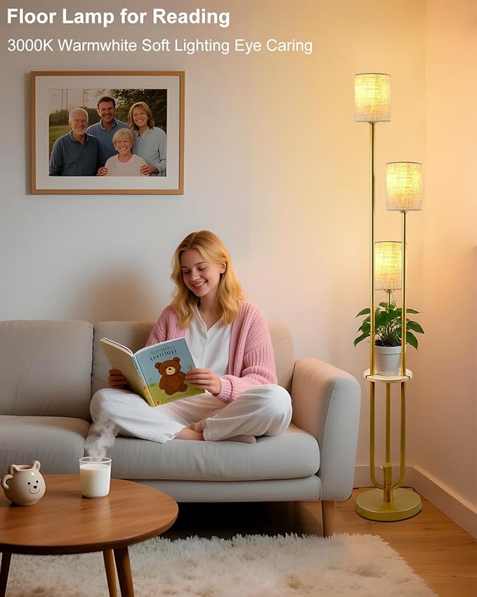 Lightdot Dimmable Floor Lamp for Living Room 3-Light Modern Floor Lamps with Table&Linen Beige Shade 3000K Warmwhite Gold Standing Lamp for Bedroom/Sofa Beside/Corner Decor (Bulbs Included)