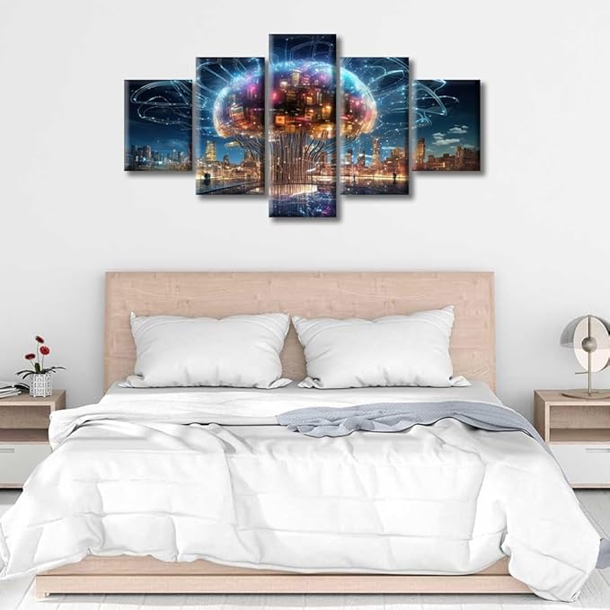 Brain Nervous System Canvas Wall Art for Living Room City Smart Brain Modern Home Decor Human Brain Energy Printed Posters Artwork for Bedroom Office Painting Pictures Ready to Hang (60"Wx32"H)