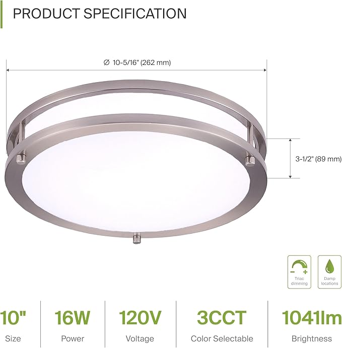 ASD LED 10" Round Flush Mount Lighting, Close to Ceiling Light Fixture | 3CCT, Dimmable, Energy Star, ETL Listed | 16W 1041LM 3000K-5000K 120V | Low Profile Double Ring Lamp | Nickel