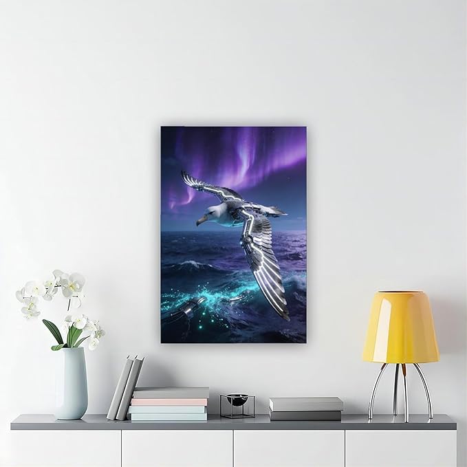 Framed Steampunk Mechanical Seagull Wall Art - Aurora Ocean Retro Poster for Bedroom Game Room Decor 08x12inch(20x30cm)