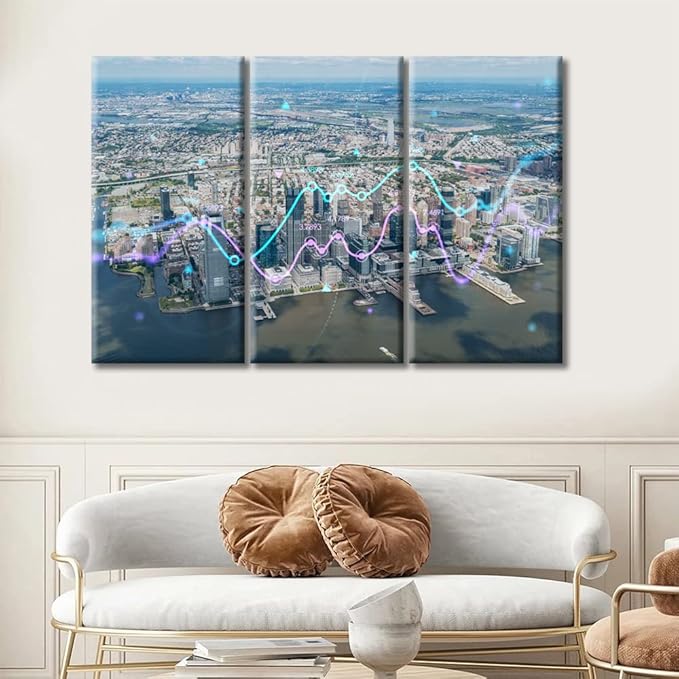 TUMOVO Wall Decor Concept of Internet Trading Brokerage and Analysis Painting Background Posters and Prints 3 Piece Forex Graph Hologram Art Prints Wall Decor Living Room Ready to Hang (36" Wx24 H)