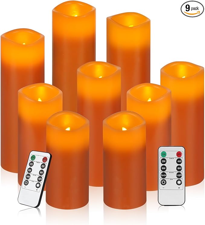 Vinkor Flameless Candles Battery Operated Candles Real Wax Pillar LED Candles with 10-Key Remote and Cycling 24 Hours Timer (Orange Set of 9)