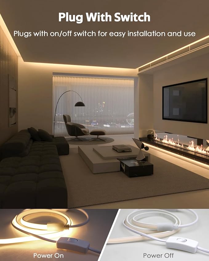10FT COB LED Strip Lights 110V 3000K Warm White COB Led Rope Lights Outdoor Waterproof with Switch Plug in 288Leds/M High Density AC110V-120V LED Tape Lights for Bedroom Backyards Holiday 3M