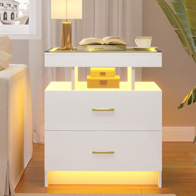 LED Nightstand with Wireless Charging Station,White Night Stand with 2 Drawers,Glass Top Smart Bedside Table,Modern End Table Side for Bedroom,Living Room,Office