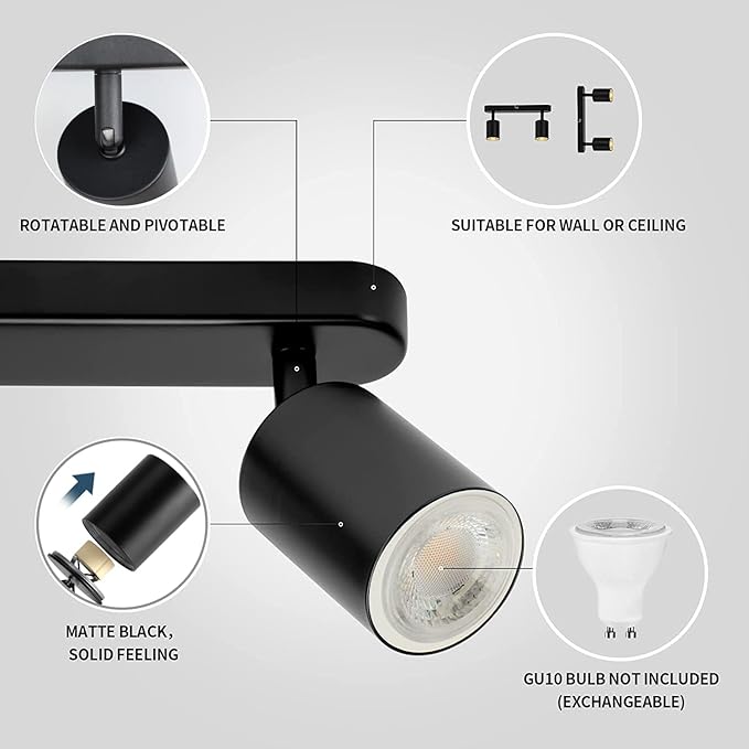 Adjustable Spotlight Ceiling Light Fixture 2 Light Gu10 Track Lighting Indoor Directional Light Ceiling Spot Light for Kitchen, Bedroom, Picture Wall, Hallway, Office, Bar (Black-2 Light)