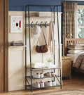 OUTLANE Entryway Hall Tree with 5 Hooks, Shoe Bench & Storage Shelf, Coat Rack Organizer with Wood Accents and Metal Frame for Entryway, Living Room, Bedroom, Gray-Single row