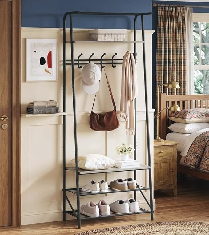 OUTLANE Entryway Hall Tree with 5 Hooks, Shoe Bench & Storage Shelf, Coat Rack Organizer with Wood Accents and Metal Frame for Entryway, Living Room, Bedroom, Gray-Single row