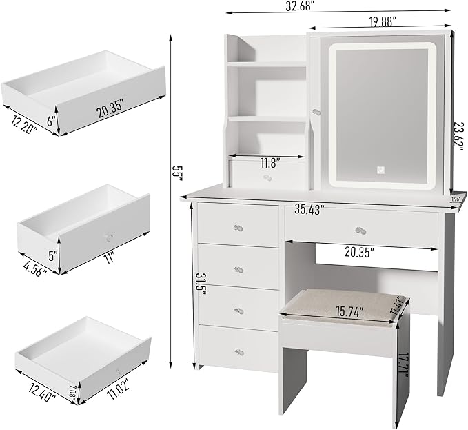 ALEAVIC Vanity Desk with Mirror and LED Lights, Makeup Vanity Set with Power Outlet, and Stool,Jewelry Storage,White Vanity Desk for Bedroom
