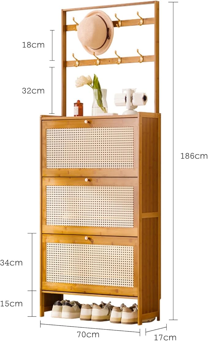Modern Natural Rattan Coat Rack with 3 Flip Drawers Free Standing 3Tier Shoe Storage Rack for Heels and Slippers Entrance Hallway Entryway Organizer(70x17x186cm)