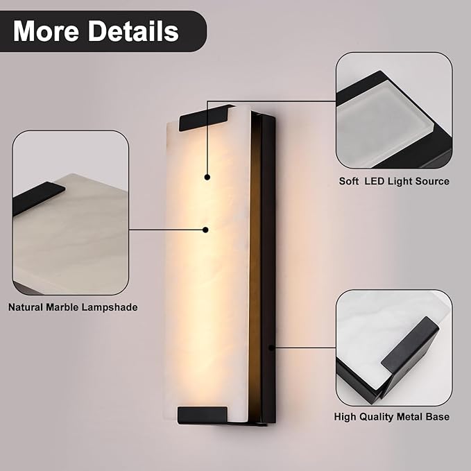 14.2in Alabaster Wall Sconces, Large Natural Marble Wall Sconces Set of Two, LED Modern Wall Lamp for Bedroom, Stairs, Living Room, Vanity, Bedside, Hallway （Black 12W）
