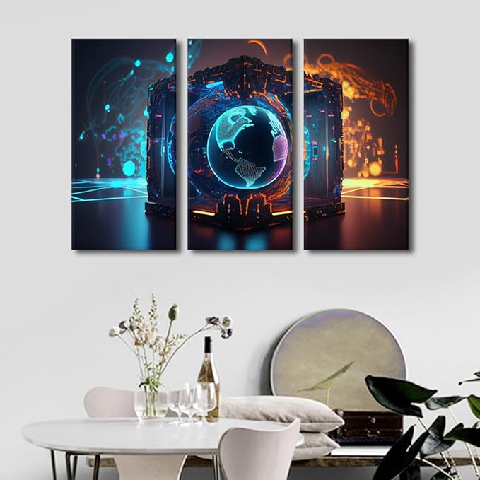TUMOVO Modern Wall Decor Artificial Intelligence Wall Art 3 Piece Future Energy Power Technology and Internet Connection Canvas Printing Art for Bedroom Living Room Wall Decoration, 42" Wx28 H