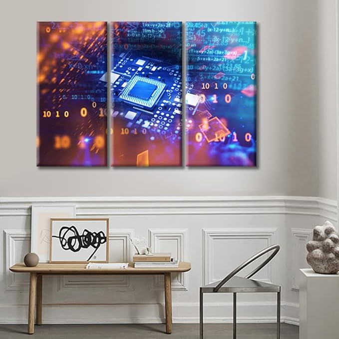 3 Pieces Motherboard Digital Chip Home Decor Information Concept Modern Artwork Wall Art for Living Room Giclee Wooden Framed Gallery-Wrapped Ready to Hang (36" Wx24 H)