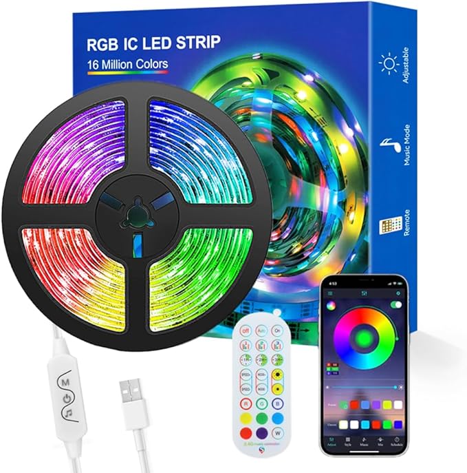 WS2812b Individually Addressable LED Strip 16.4FT 30Pixels/m TV Backlights Bluetooth APP Remote Control Music Sync USB 5V (Black PCB IP65, 16.4FT 150LEDS)