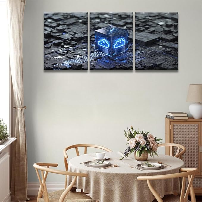 LSIUHWUWI Bedroom Wall Decor 3 Panel Cloud Computing Vetwork Security Concept Artwork Print on Canvas for Living Room Bedrooms Wall Decorations, Wooden Framed Ready to Hang 12x16inchx3