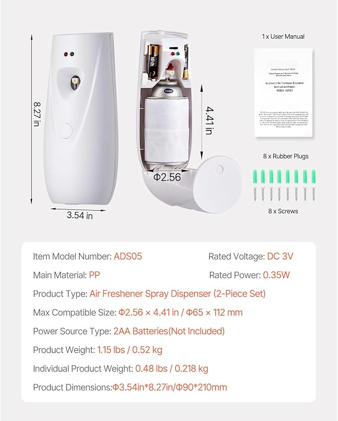 Happybuy Automatic Air Freshener Spray Dispenser (4 - Pack), Wall - Mountable or Freestanding, Battery - Powered with Multiple Time Settings, Ideal for Home, Indoor Areas like Bathrooms, White
