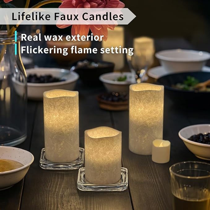 FURORA LIGHTING White Crystallized Real Wax LED Candles with Remote and 6/18 Timer, 4 Pillars and 4 Votives Pack of 8, Flameless Flickering Candles for Home Décor, Battery Included