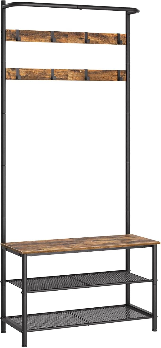 Hall Tree, Coat Rack with Shoe Bench, 4-in-1 Entryway Bench with Storage Shelves, Hanging Rod and 8 Movable Hooks, Hall Tree with Storage Bench for Hallway, Rustic Brown and Black MT02BR