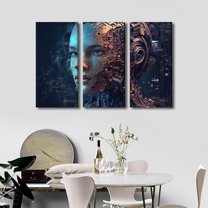 TUMOVO Humanoid Robot Pictures Print on Canvas 3 Panel Canvas Wall Art Artificial Intelligence Wall Decor for Living Room Giclee Futuristic Technology Artwork Wood Framed Ready to Hang, 36" Wx24 H