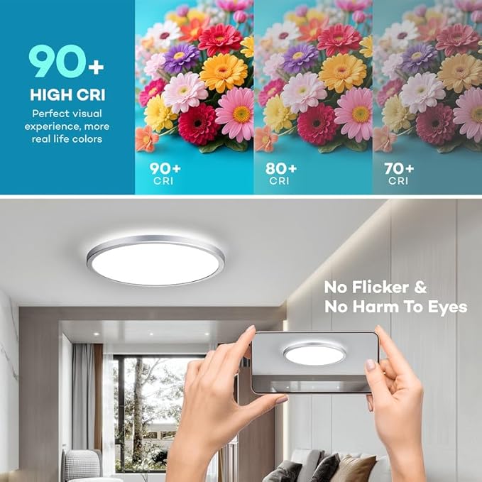 BLNAN Dimmable LED Flush Mount Ceiling Light Fixture with Remote Control, 3000K-6500K Low Profile Wired Lamp, Modern Ultra Thin Close to Ceiling Light for Bedroom Kitchen (Silver, 12Inch)