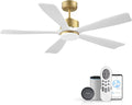 52 Inch Smart Ceiling Fan with Light,Wood Ceiling Fan Voice Control via WIFI Alexa App,Quiet DC Motor,Dimmable LED,Modern Outdoor Indoor Ceiling Fans for Bedroom Patio Porch,5 Solid Wood Blades