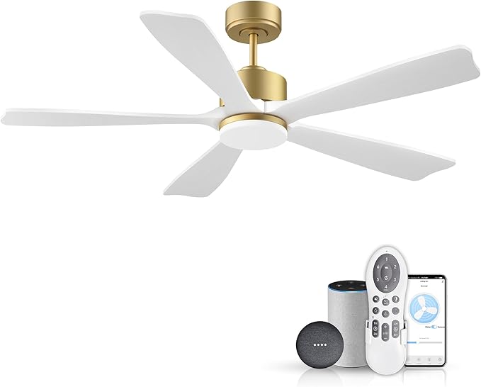 52 Inch Smart Ceiling Fan with Light,Wood Ceiling Fan Voice Control via WIFI Alexa App,Quiet DC Motor,Dimmable LED,Modern Outdoor Indoor Ceiling Fans for Bedroom Patio Porch,5 Solid Wood Blades