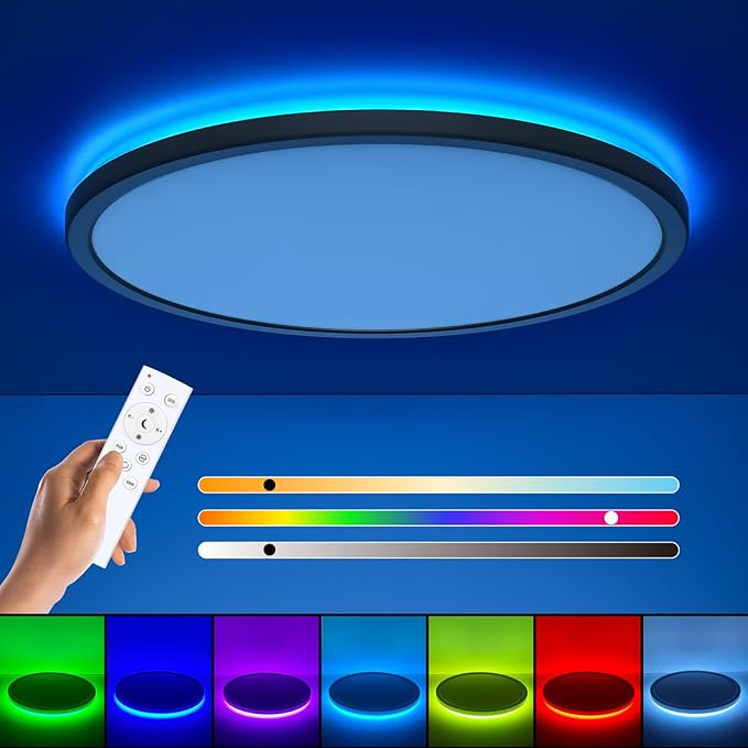 RGB Flush Mount LED Ceiling Light with Remote, 12 Inch Ceiling Light Fixture with Color Changing Backlight, 3000K-6500K Dimmable, 24W for Bedroom Kids Room Black