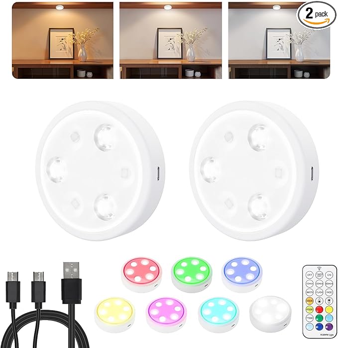 HOLKPOILOT Puck Lights with Remote, 2000mAh Battery Operated Rechargeable Under Cabinet Lighting, 3 Color Temps & 7 RGB Colors, Magnetic Closet Light, White Wireless Puck Light for Kitchen, Shelf