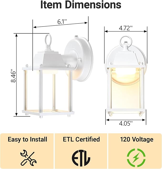 LIT-PaTH Dusk to Dawn Outdoor Wall Lantern, LED Wall Sconce, 3000K Warm White, 9.5W, 800 Lumen, Aluminum Housing Plus Glass, Outdoor Rated, 2-Pack, White