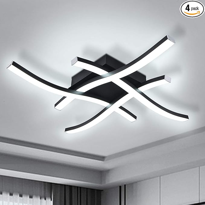 EDISLIVE Modern Dimmable LED Ceiling Light Curved 4-Light 18 in Minimalist Flush Mount Ceiling Light Fixture Lamp for Bedroom Foyer Kitchen 6000K 24W Black
