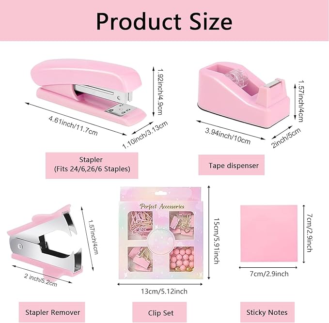 suniya Office Supplies,Desk Accessories,Tape Holder,Stapler,Scissor,Staple Remover,Box of Binder Clips,Staples,Ballpoint Pen,Sticky Notes,Clear Tape,Ruler,Office Supplies Set Pink