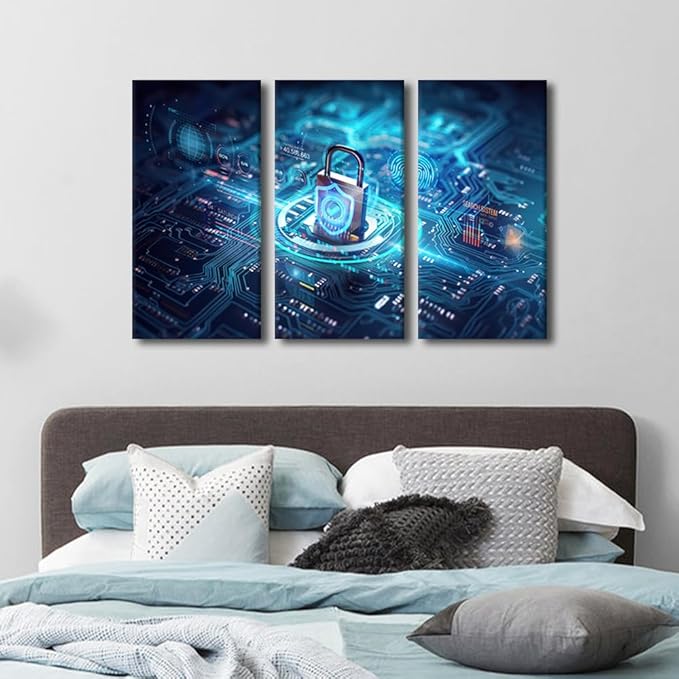 TUMOVO 3 Panels Canvas Print Art Motherboard Closeup and Safety Lock with Login and Connecting Verified Credentials Pictures Poster, Modern Art for Living Room Decoration Ready to Hang, 36" Wx24 H