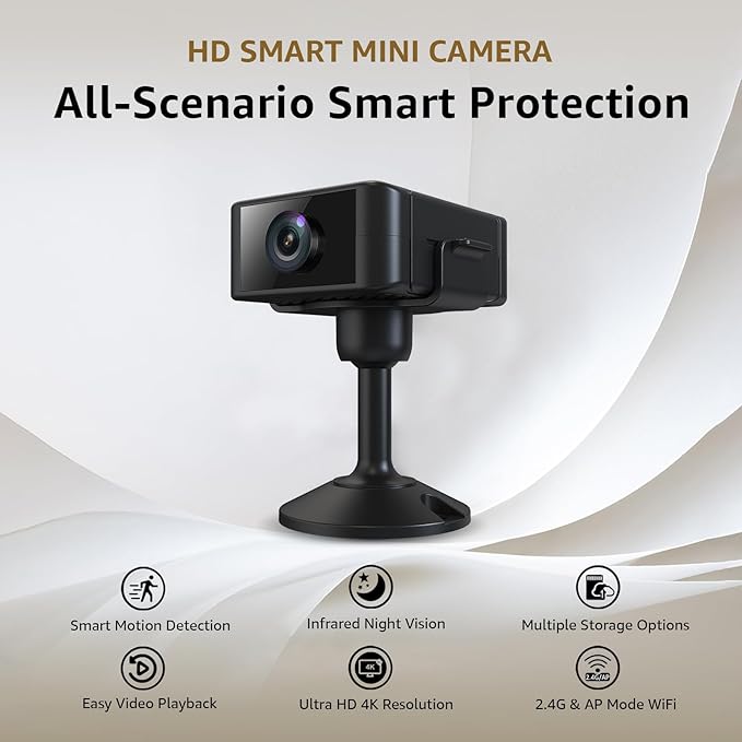 Hidden Camera 4K Spy Camera with Night Vision, Motion Detection Alerts, 4H Battery Life, Phone App Control, SD/Cloud Storage, Indoor Mini Security Camera for Home, Office, Baby Monitor