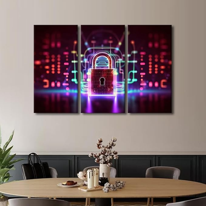 TUMOVO Large Canvas Wall Art 3 Piece Padlock on Technological Circuit Background with Neon Lights, Cyber Security Concept Pictures Print on Canvas for Living Room Wall Decoration, 60" Wx40 H