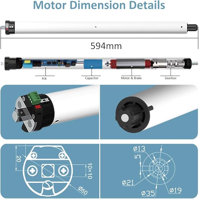 KNX Tubular Motor for Motorized Roller Shades, 10Nm Heavy Duty Electric Blind Motor Kit, Remote Control, Quiet 110lbs Lift, 5-Year Warranty, Zebra Blind Replacement Kit (Φ50mm (2") Groove Tube)