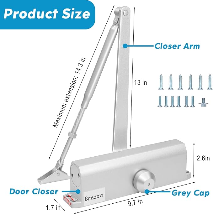 Automatic Door Closer,Heavy Duty Commercial Hydraulic Door Closer, Adjustable Size 1-6 Commercia Heavy Duty for Traffic Areas，Silver Aluminium