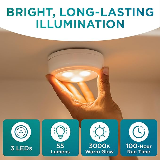 Brilliant Evolution LED Tap Light Push Lights with Remote - 6-Pack Battery Operated Under Cabinet Lights - Stick On Puck Lights for Kitchen, Closet, and Night Lighting - Wireless Warm White, 55 Lumens