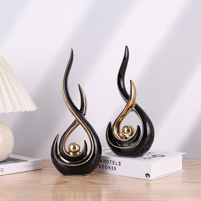 Abstract Ceramic Modern Sculpture, Knick Knacks Statues for Living Room, Shelf, TV Stand, Coffee Table, Dining Room, Office, Bedroom, Home Decor, Centerpiece, Great Gift Idea (Black Gold)