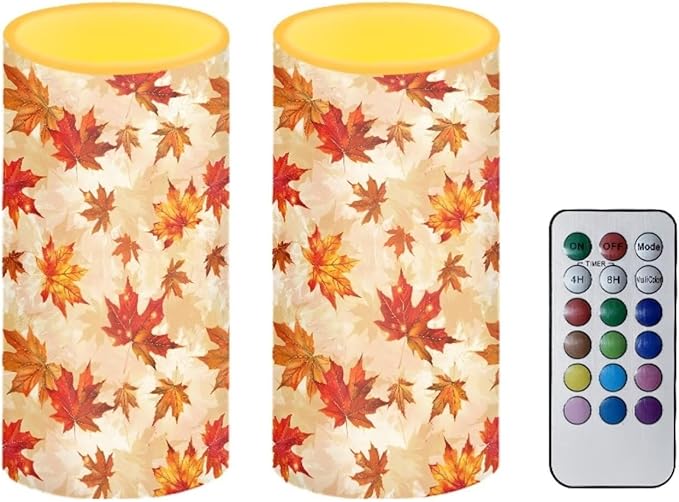 Maple Leaf Decorative Fall Candles for Home Decor Flameless Candles with Remote and Timer LED Candles Flickering Battery Operated Fake Candle for Thanksgiving Holiday Party Room Table Decor