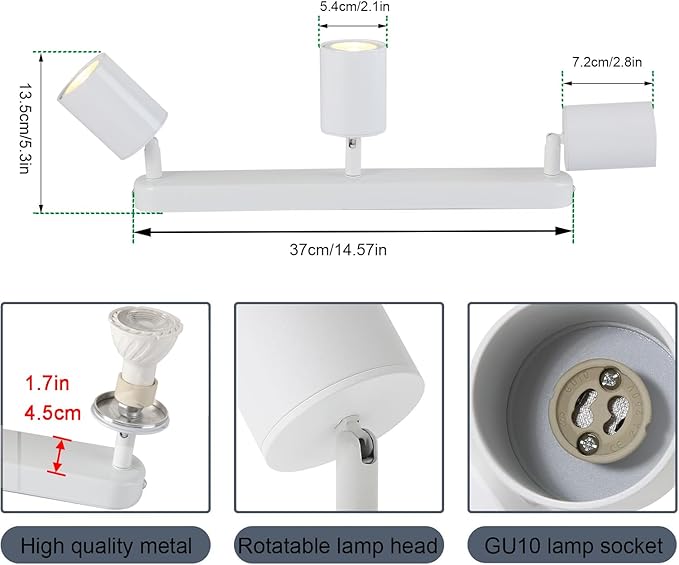 3 Way Track Lighting Kit Flexibly Rotatable Track Light Ceiling Kitchen LED Ceiling spot Light for Bedroom, Picture Wall, Hallway, Office, Bar, GU10 Socket (White-3)